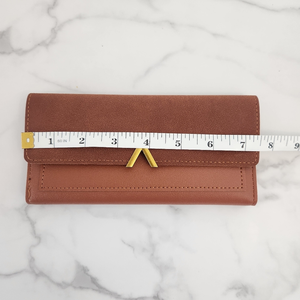 Brown Pu Leather Clutch Wallet With Gold V Accent - Picture 12 of 13